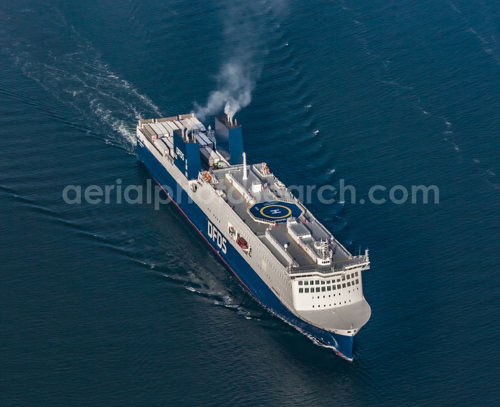 Kiel from the bird's eye view: First call of the ferry AURA SEAWAYS in the Kiel Fjord in Kiel in the state Schleswig-Holstein, Germany. The 230-metre-long RoPax ferry operated by the DFDS shipping company runs scheduled services across the Baltic Sea from Kiel to Klaipeda