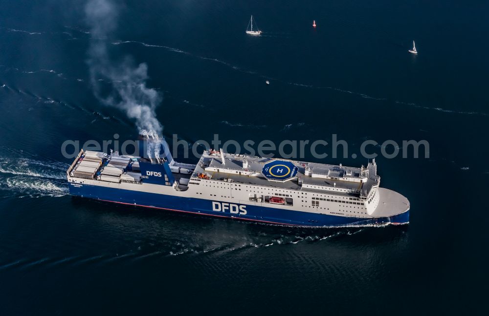 Aerial image Kiel - First call of the ferry AURA SEAWAYS in the Kiel Fjord in Kiel in the state Schleswig-Holstein, Germany. The 230-metre-long RoPax ferry operated by the DFDS shipping company runs scheduled services across the Baltic Sea from Kiel to Klaipeda