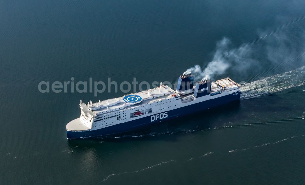 Heikendorf from above - Journey of the ferry ship AURA SEAWAYS on the Kieler Foerde in Kiel in the state Schleswig-Holstein, Germany. The 230-metre-long RoPax ferry operated by the DFDS shipping company operates scheduled services across the Baltic Sea