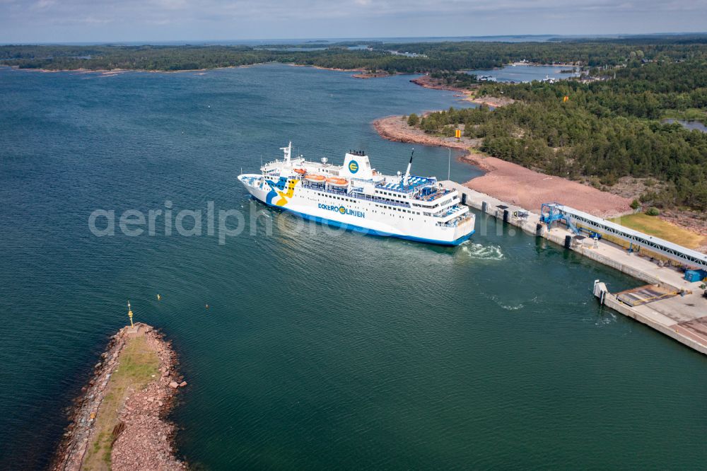 Aerial image Berghamn - Ride a ferry ship Eckeroe on street Eckeroevaegen in Berghamn in Alands landsbygd, Aland