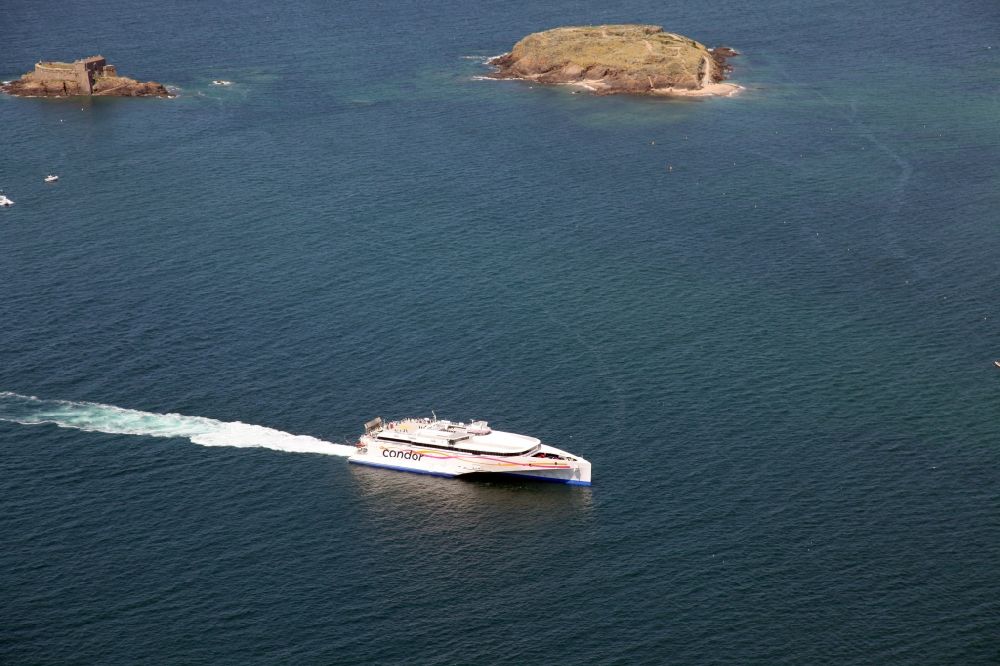 Aerial image Saint-Malo - Ride a ferry ship Condor at the harbor of Saint-Malo in Brittany, France