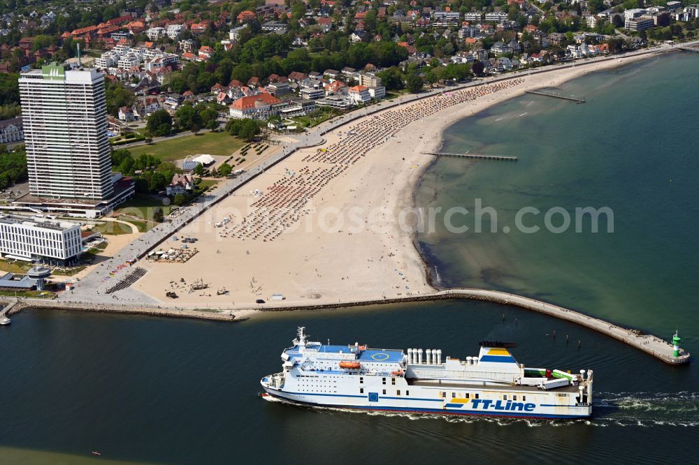 Aerial image Lübeck - Ride a ferry ship of TT-Line on Nordermole Travemuende in Luebeck in the state Schleswig-Holstein, Germany