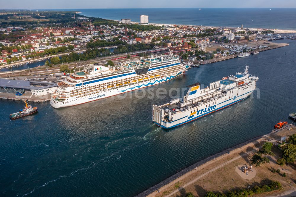 Aerial photograph Rostock - Ride a ferry ship TT-Line Huckleberry Finn in Rostock at the baltic sea coast in the state Mecklenburg - Western Pomerania, Germany