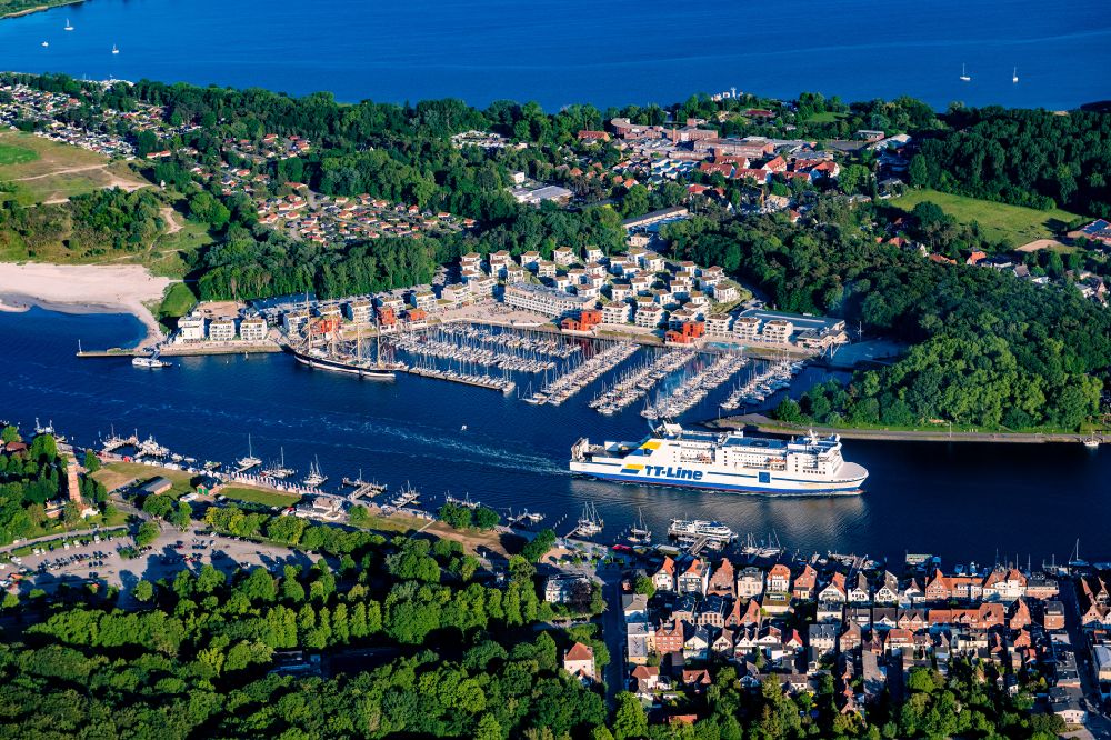 Aerial image Travemünde - Ride a ferry ship der TT-Line auf of Trave in Travemuende at the baltic coast in the state Schleswig-Holstein, Germany