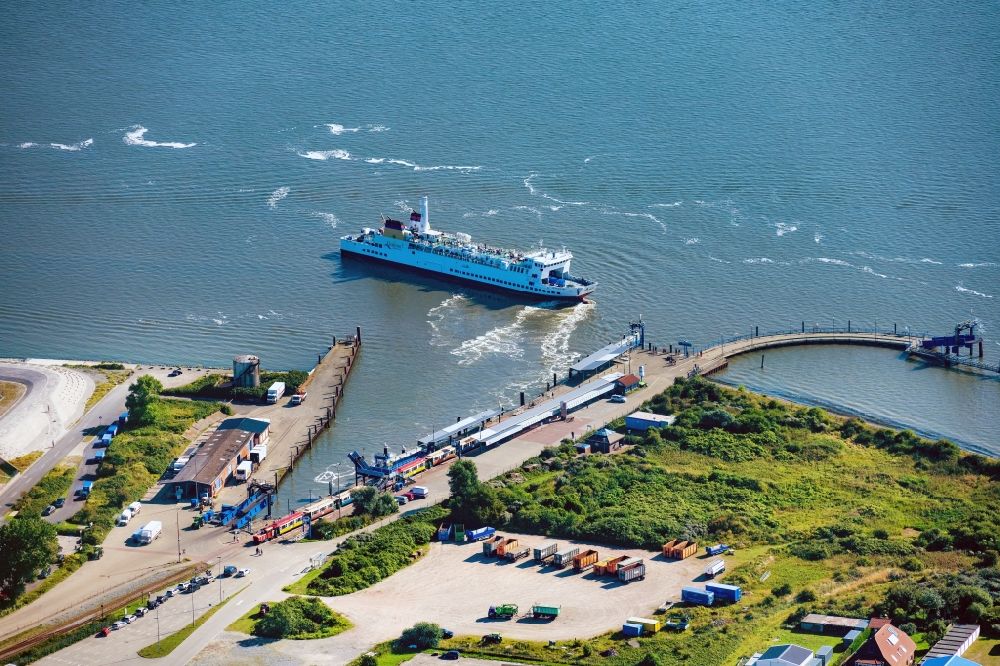 Borkum from above - Voyage of a ferry ship MS Ostfriesland on the North Sea in Borkum in the state Lower Saxony, Germany