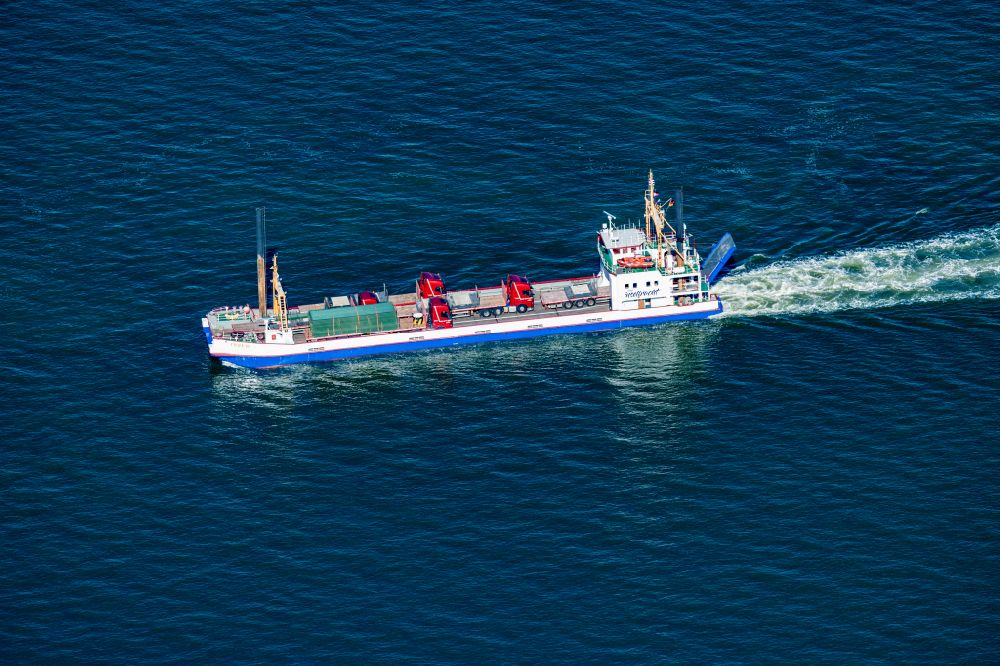 Norderney from above - Journey of a ferry ship of the AG Reederei Norden-Frisia ship load ferry Frisia Inselfreight in Norden Norddeich in the state Lower Saxony, Germany