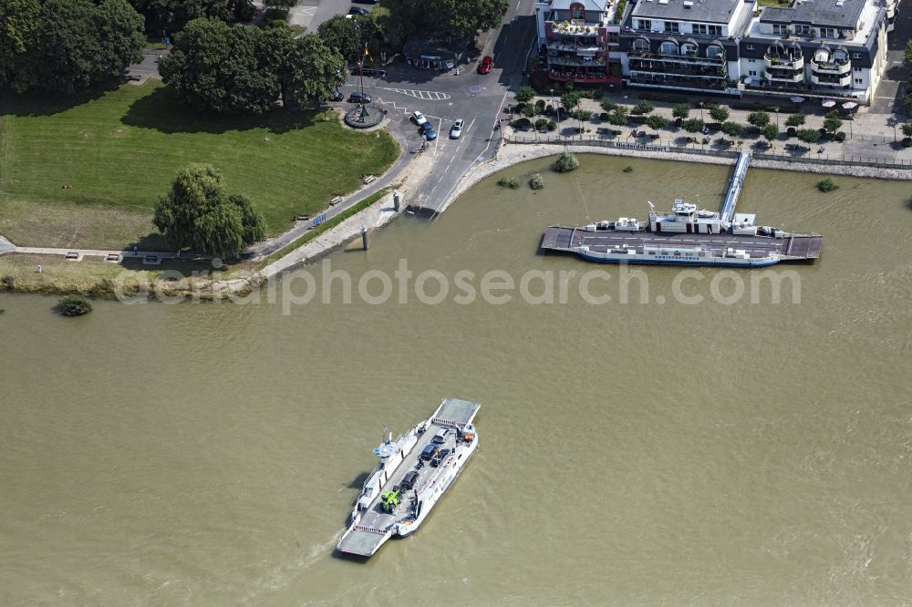 Aerial image Königswinter - Ride a ferry ship on the Rhine river in Koenigswinter in the state North Rhine-Westphalia, Germany