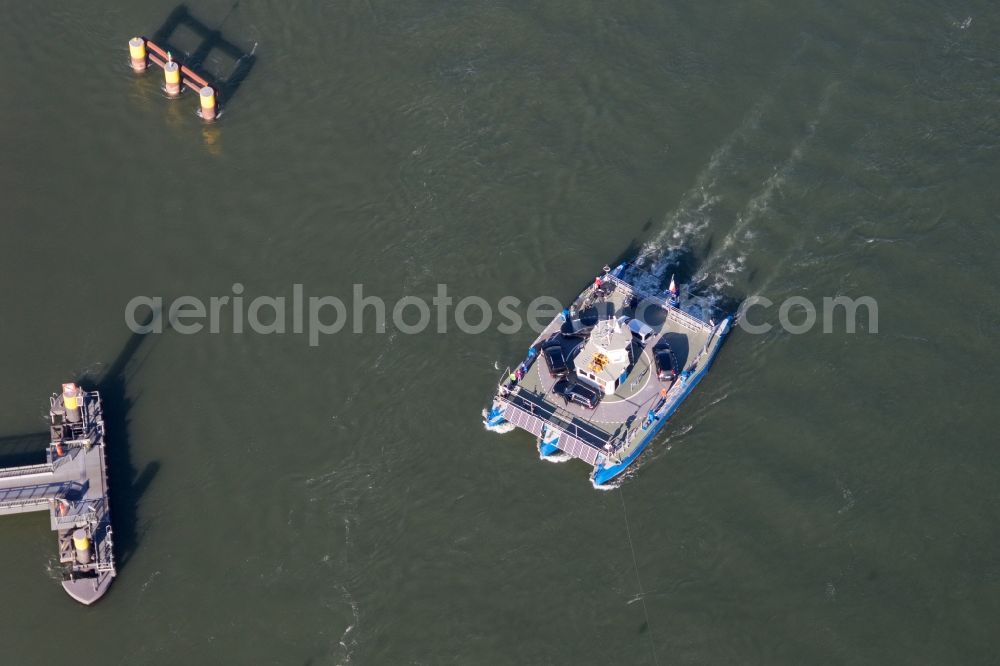 Aerial image Plittersdorf - Ride a ferry ship Solar-Rhine ferry in Plittersdorf in the state Baden-Wurttemberg, Germany