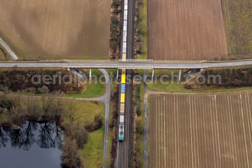 Ringsheim from above - Ride a train on the track Rheintal in Ringsheim in the state Baden-Wurttemberg, Germany