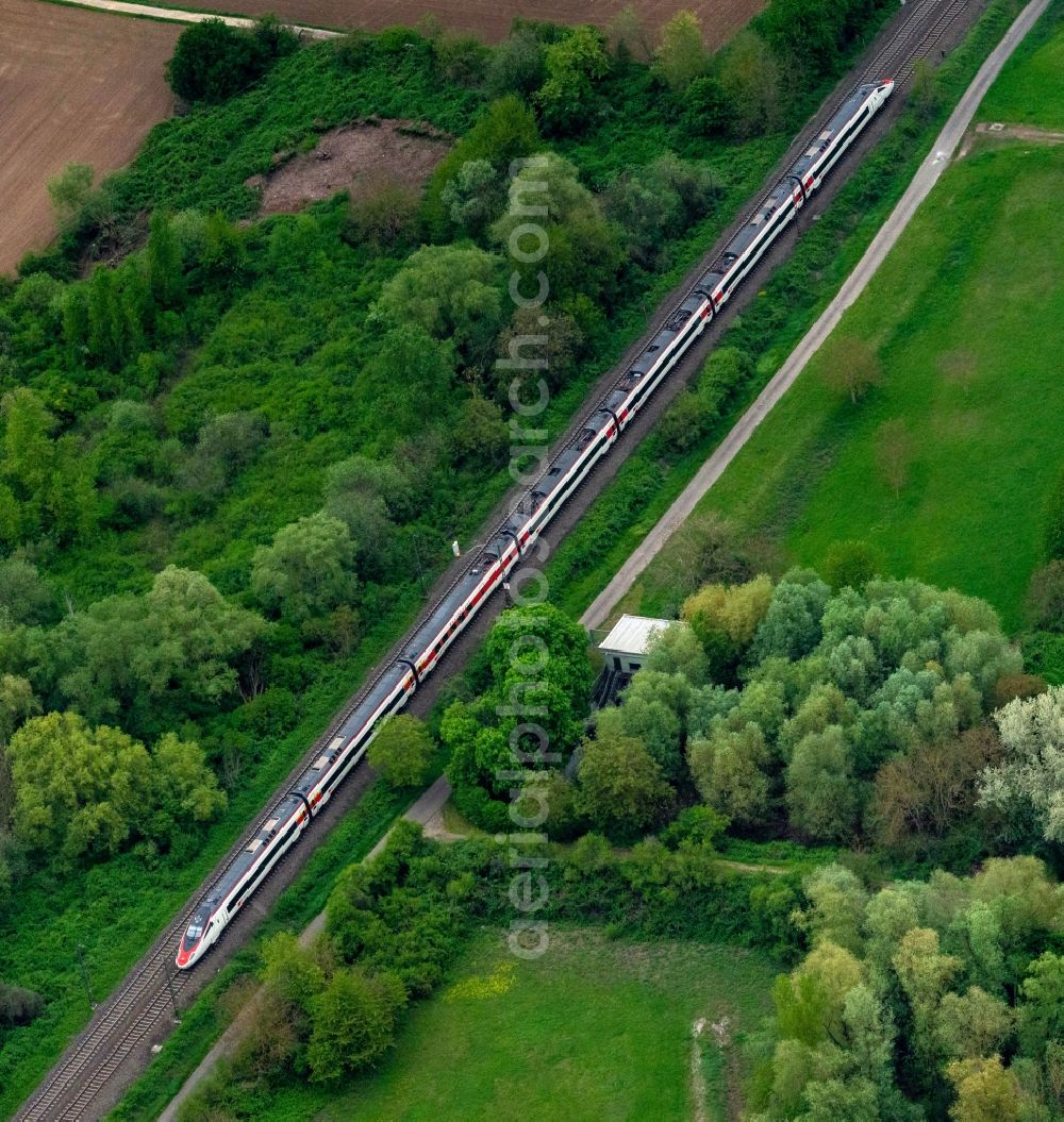 Ringsheim from above - Ride a train on the track Rheintal in Ringsheim in the state Baden-Wurttemberg, Germany