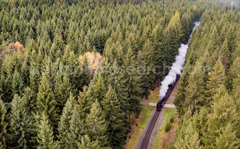Aerial image Sehmatal - Ride a train on the track of Fichtelbergbahn in Sehmatal in the state Saxony, Germany