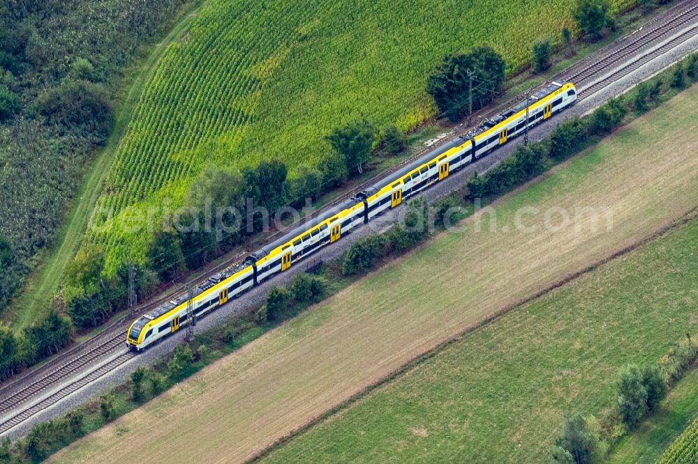 Aerial image Teningen - Ride a train on the track Rheintalbahn in Teningen in the state Baden-Wuerttemberg, Germany