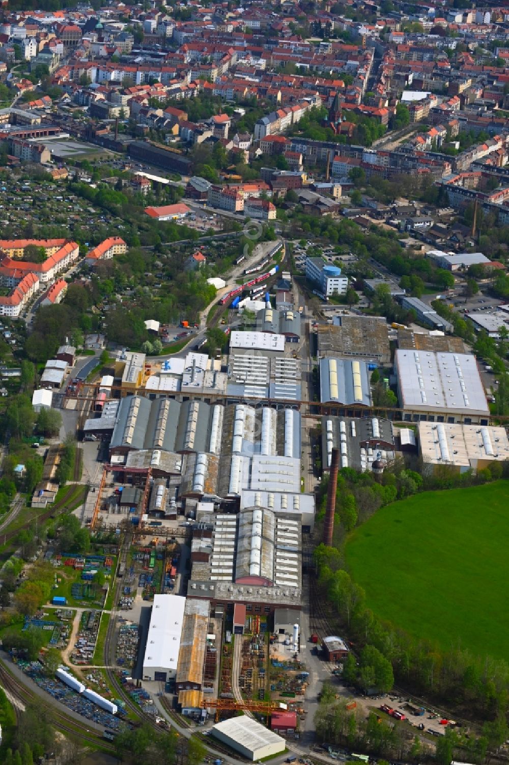 Görlitz from above - Buildings and production halls on the train vehicle construction site Bombardier Transportation GmbH in Goerlitz in the state Saxony, Germany