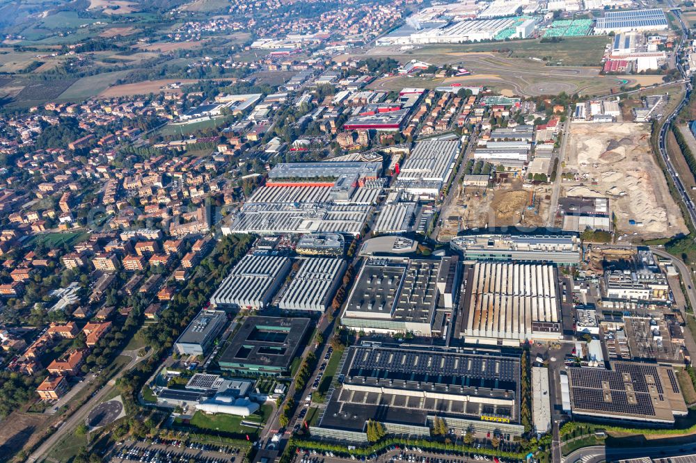 Aerial image Maranello - Buildings and production halls on the vehicle construction site Ferrari S.P.A. factory Maranello in Maranello in Emilia-Romagna, Italy