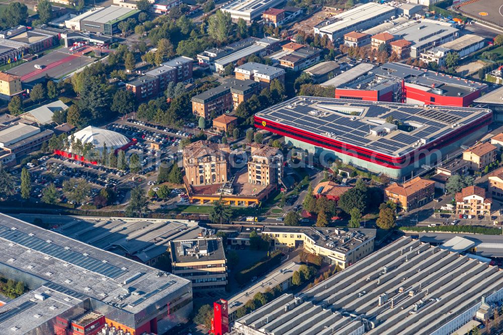 Maranello from above - Buildings and production halls on the vehicle construction site Ferrari S.P.A. factory Maranello in Maranello in Emilia-Romagna, Italy