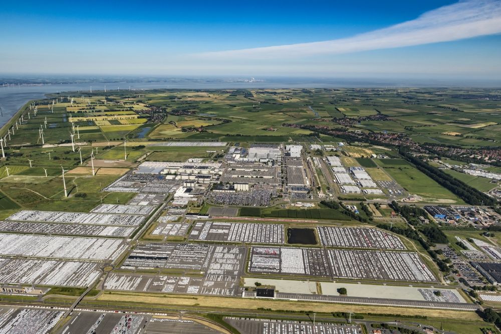 Emden from above - Buildings and production halls on the vehicle construction site of Volkswagen AG in Emden in the state Lower Saxony, Germany