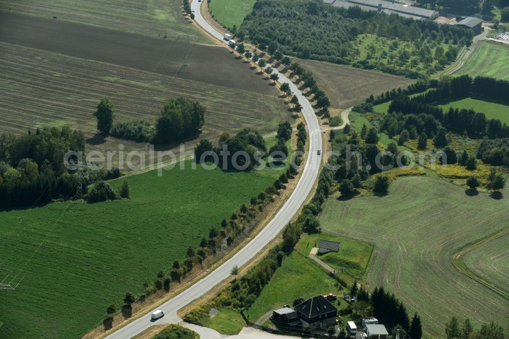 Aerial image Aue - Motor vehicles in traffic along the Chemnitzer street in Aue in the state Saxony