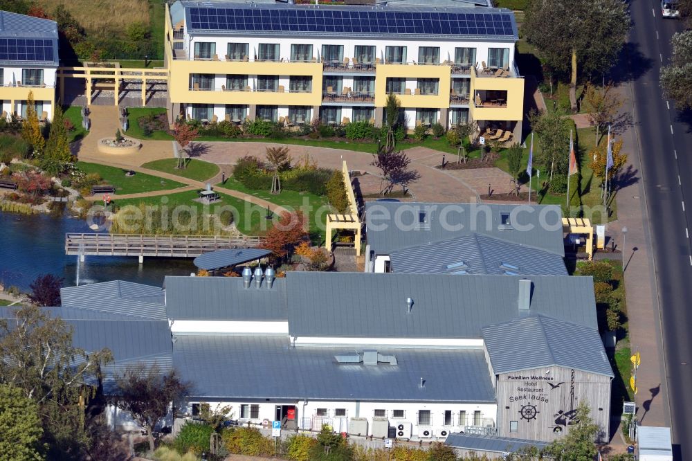 Trassenheide from the bird's eye view: View of the family wellness hotel Seeklause in Trassenheide on Usedom in the state Mecklenburg-Vorpommern. The hotel offers in addition to numerous leisure activities such as Volleyball, bicycle hire and table tennis, wellness with saunas and massages
