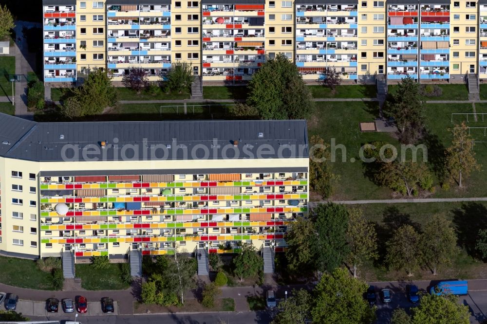 Leipzig from above - Facade with balconies at the building of a multi-family residential building on Plovdiver Strasse in the district Gruenau-Nord in Leipzig in the state Saxony, Germany