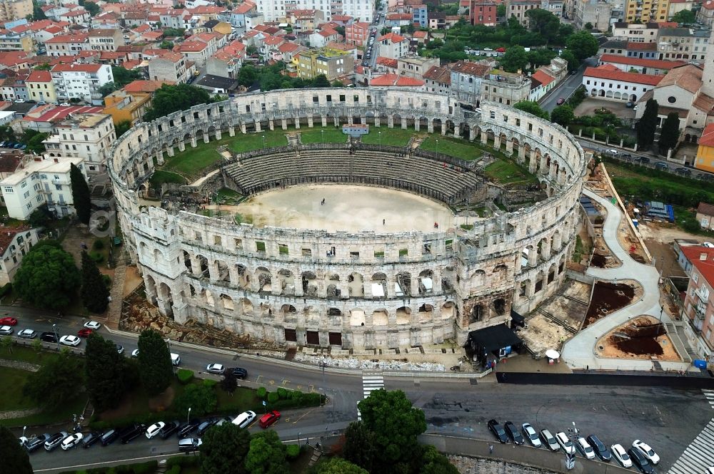 Pula from above - Facade of the monument Amphitheater Pula - Amfiteatar u Puli in Pula in Istirien - Istarska zupanija, Croatia