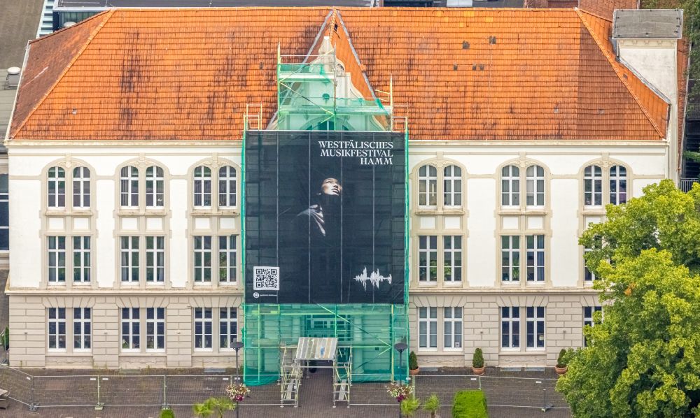 Hamm from above - Facade renovation on the Kurhaus building Kurhaus Bad Hamm on the street Ostenallee in Hamm in the Ruhr area in the state of North Rhine-Westphalia, Germany
