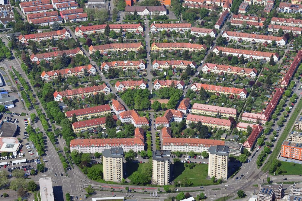 Freiburg im Breisgau from the bird's eye view: The garden city in the district Haslach in Freiburg, Baden-Wuerttemberg. It's very remarkable due to the fan-shaped one family row house design. It is listed as a historical monument