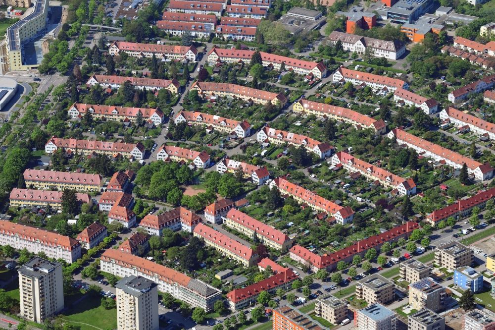 Aerial photograph Freiburg im Breisgau - The garden city in the district Haslach in Freiburg, Baden-Wuerttemberg. It's very remarkable due to the fan-shaped one family row house design. It is listed as a historical monument