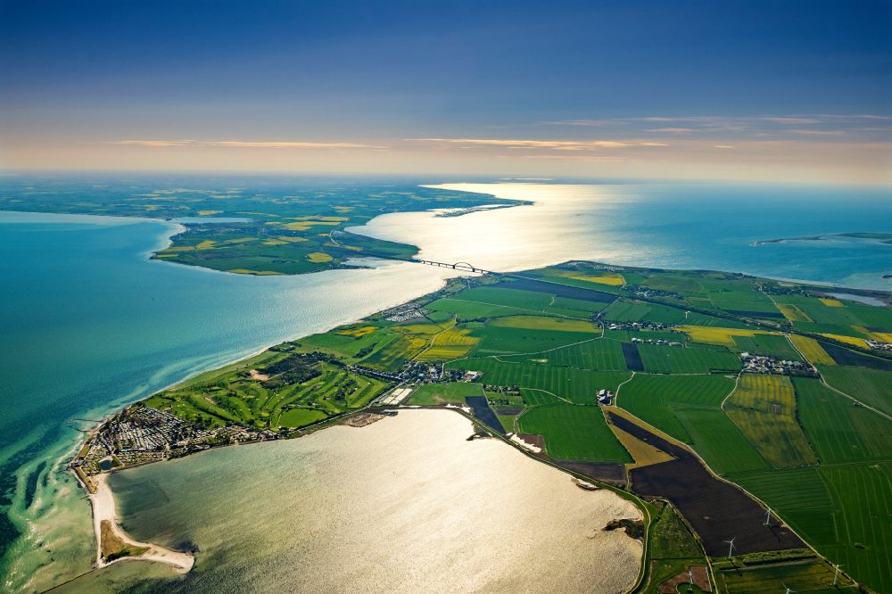Fehmarn from above - Fehmarn Sund bridge between Fehmarn and the mainland at Grossenbrode in Schleswig-Holstein