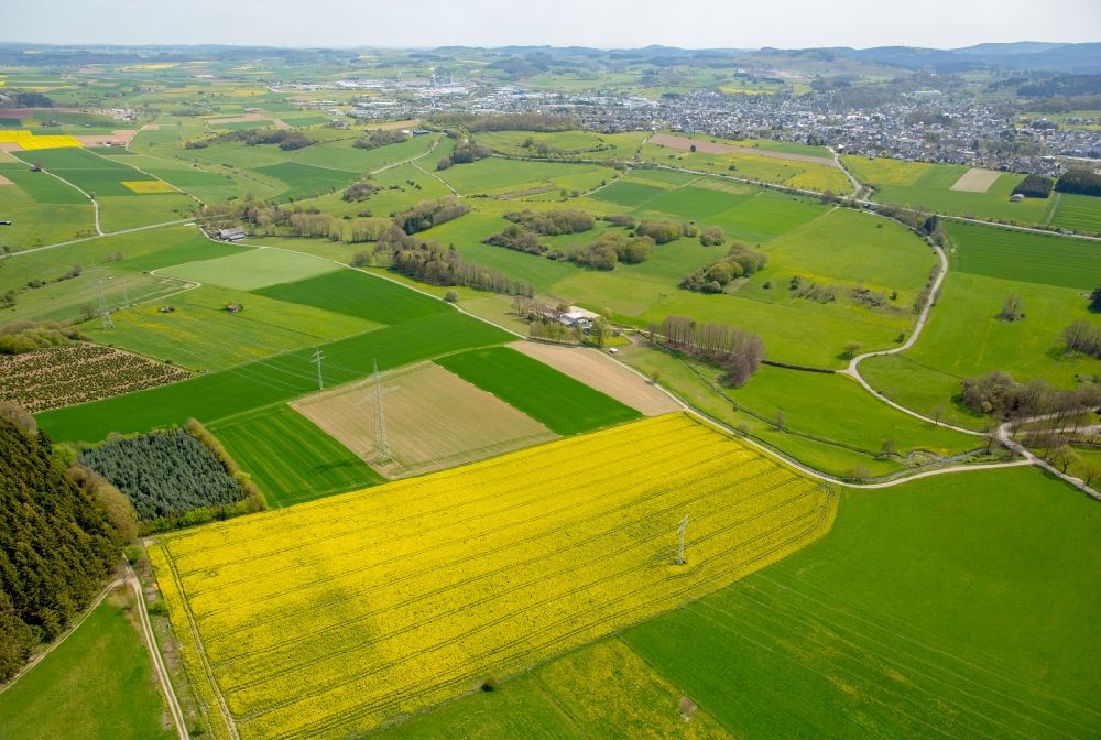 Aerial image Scharfenberg - Field landscape yellow flowering rapeseed flowers but also green fields in Scharfenberg in the state North Rhine-Westphalia, Germany
