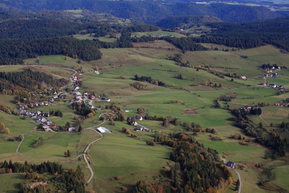 Ibach from the bird's eye view: Structures of a field and forest landscape in the Hotzenwald in Ibach in the state Baden-Wuerttemberg, Germany. Recreation locality for Alexej Nawalny in autumn 2020 after his poisonous gas attack