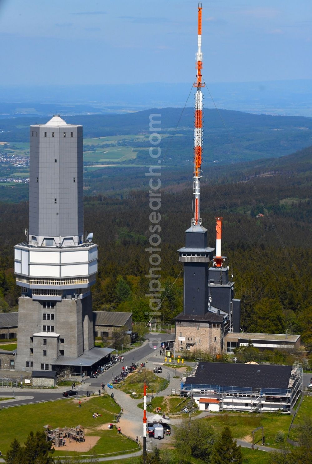 Schmitten from the bird's eye view: Funkturm and transmission system as basic network transmitter Feldbergturm on Grosser Feldberg in Schmitten in the state Hesse, Germany