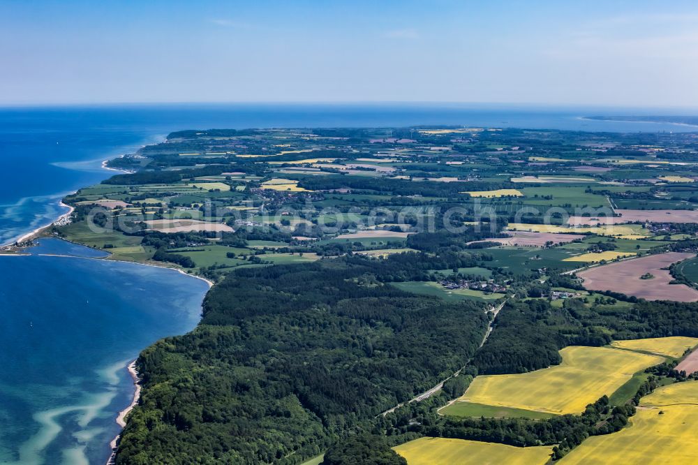 Altenhof from the bird's eye view: Agricultural fields with adjacent forest and forest areas on Suedufer of Eckernfoerder Bucht in Altenhof in the state Schleswig-Holstein, Germany