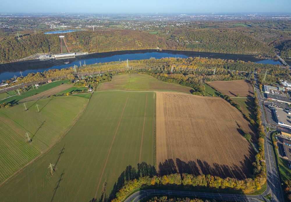 Syburg from above - Landscape of mainly agricultural fields and Hengsteysee in the background in Syburg in the state North Rhine-Westphalia, Germany