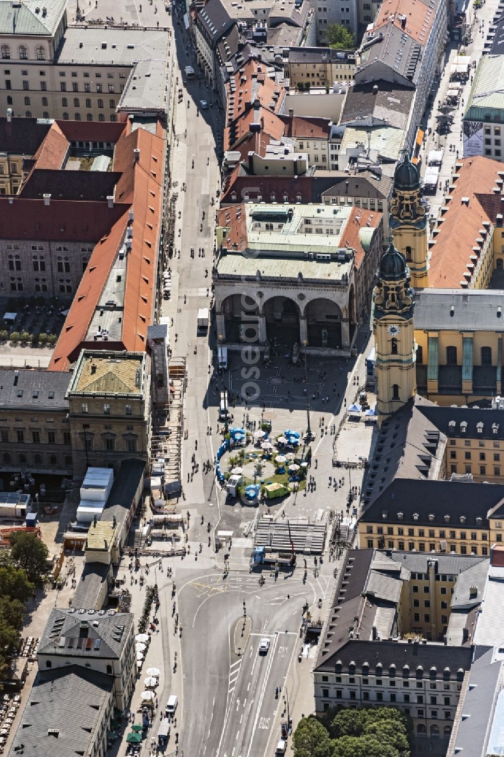 München from above - Feldherrnhalle and Theatine Church of St. Cajetan on the square Odeonsplatz in the Maxvorstadt part of Munich in the state of Bavaria. The Feldherrnhalle ( Field Marshals' Hall) is a monumental loggia on the southern edge of the square. Next to it is the catholic church, a former court and royal church of the Theatine Order. With its two towers in the italian late baroque style, it is part of the Odeon's Square complex of buildings and landmarks