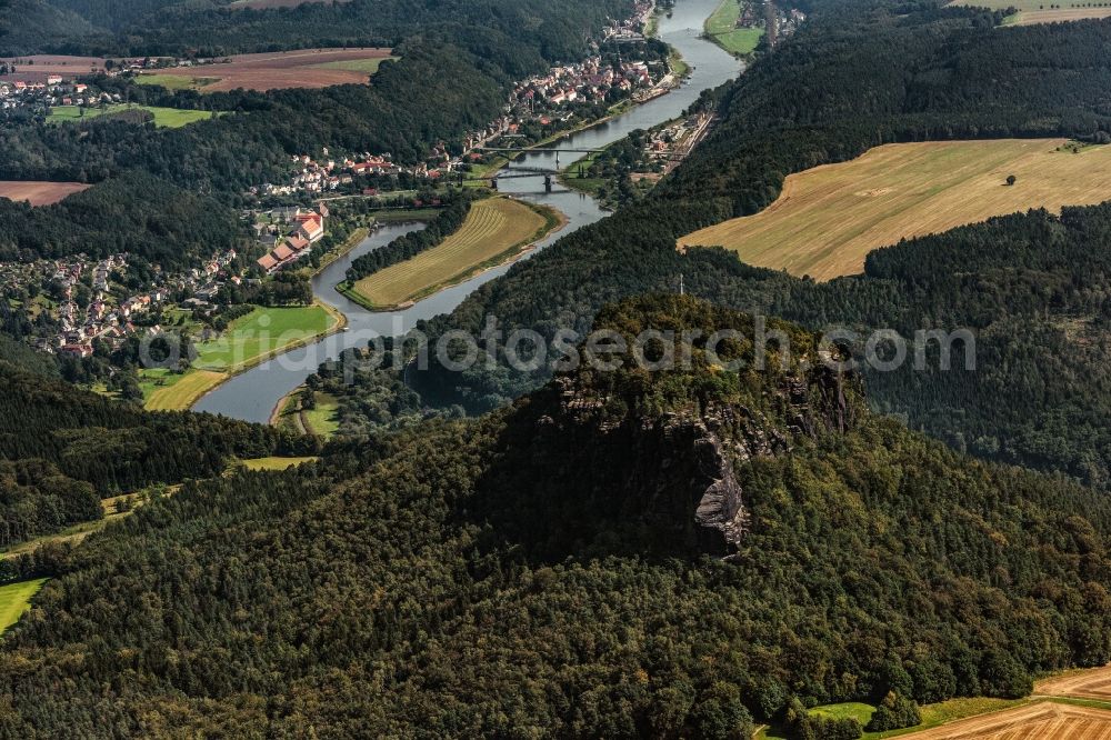 Lohmen from the bird's eye view: Rock and mountain landscape of the Basteigebiet in Lohmen in the state Saxony
