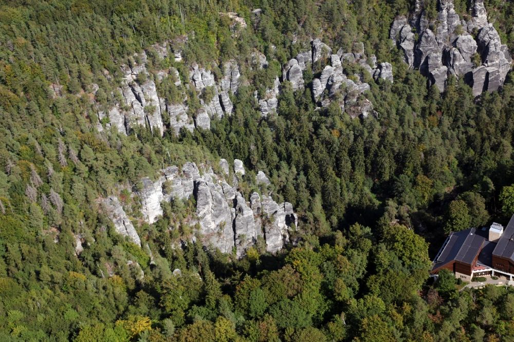 Aerial photograph Rathen - Rock and mountain landscape of the Basteigebiet in Rathen in the state Saxony