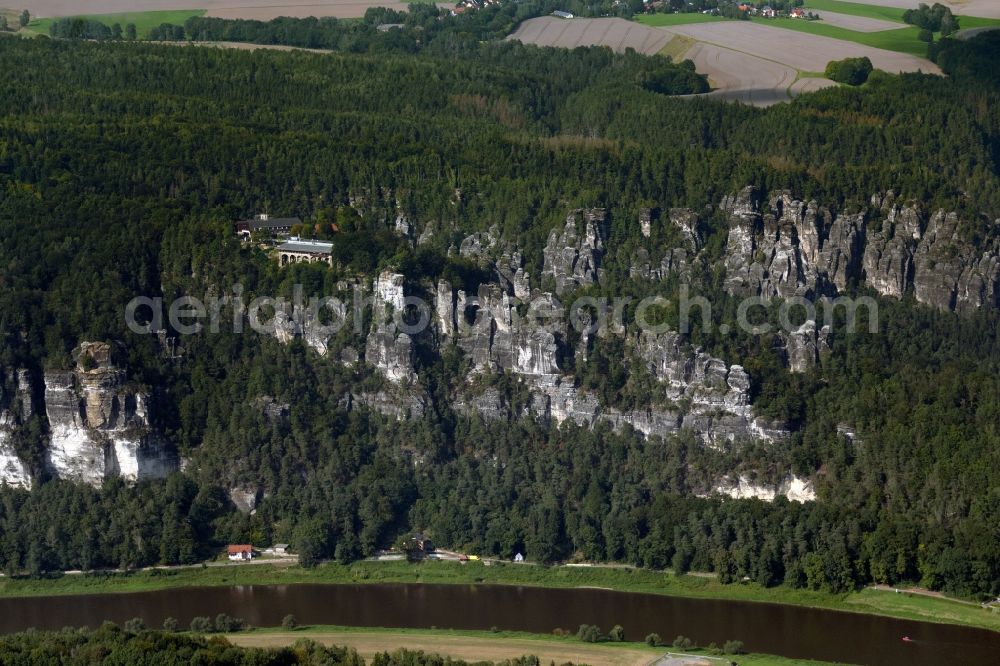 Rathen from the bird's eye view: Rock and mountain landscape of the Basteigebiet in Rathen in the state Saxony