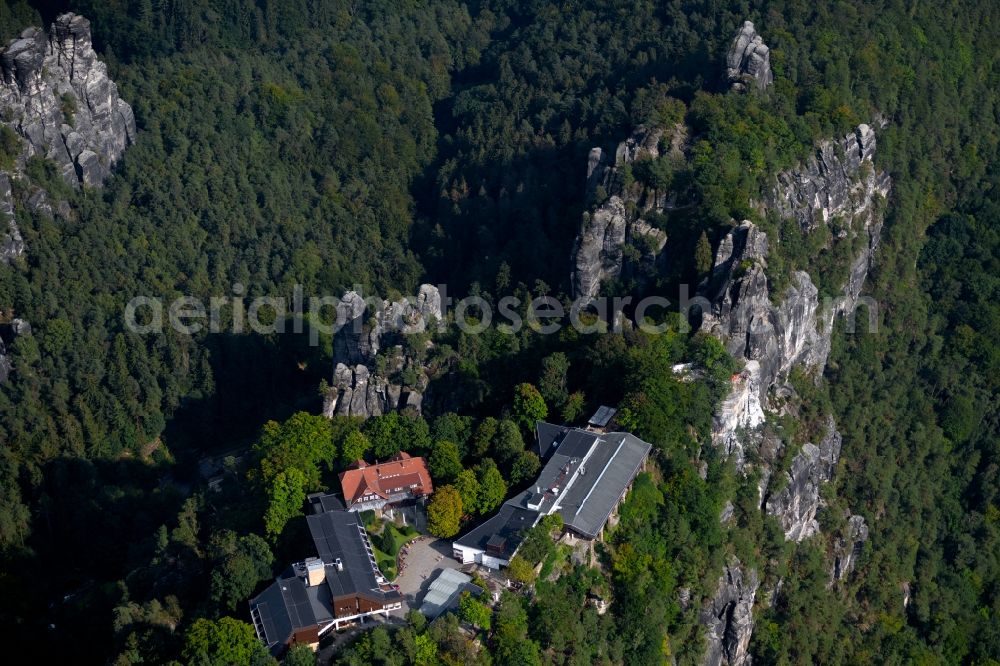 Rathen from the bird's eye view: Rock and mountain landscape of the Basteigebiet in Rathen in the state Saxony