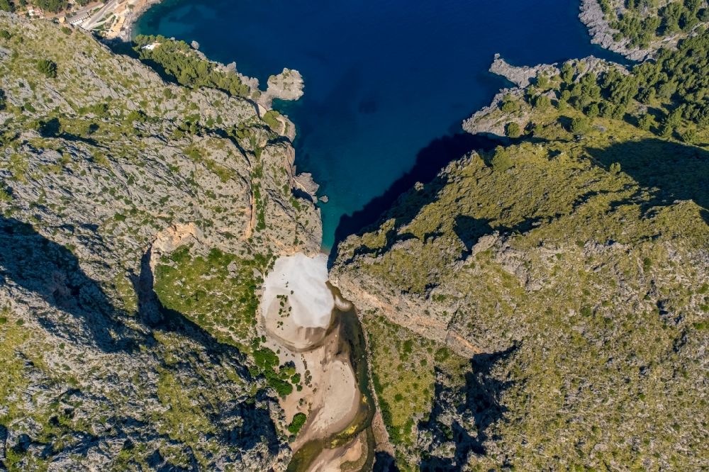 Escorca from the bird's eye view: Rock and mountain landscape on bay Torrent de Pareis La Calobra in Escorca at Serra de Tramuntana in Balearic island of Mallorca, Spain