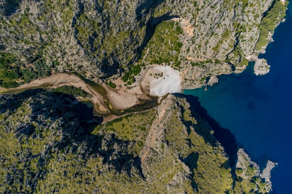 Aerial image Escorca - Rock and mountain landscape on bay Torrent de Pareis La Calobra in Escorca at Serra de Tramuntana in Balearic island of Mallorca, Spain