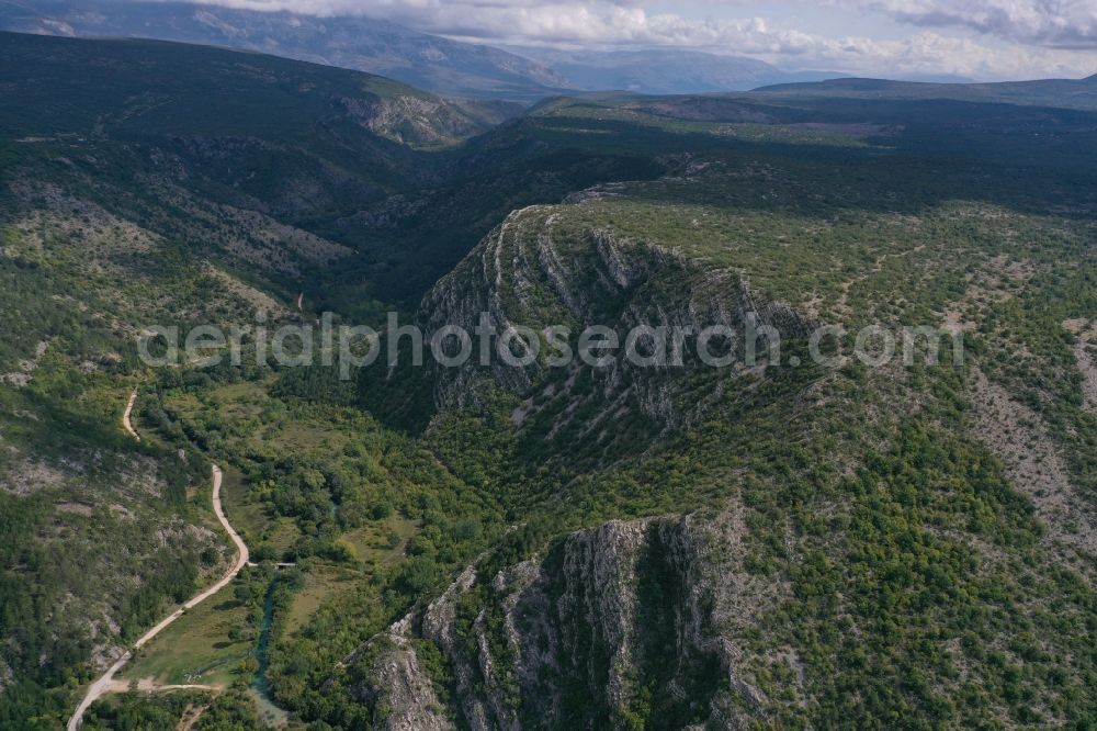 Aerial image Kovacic - Rock and mountain landscape Dinaridengebirge in Kovacic in Sibensko-kninska zupanija, Croatia