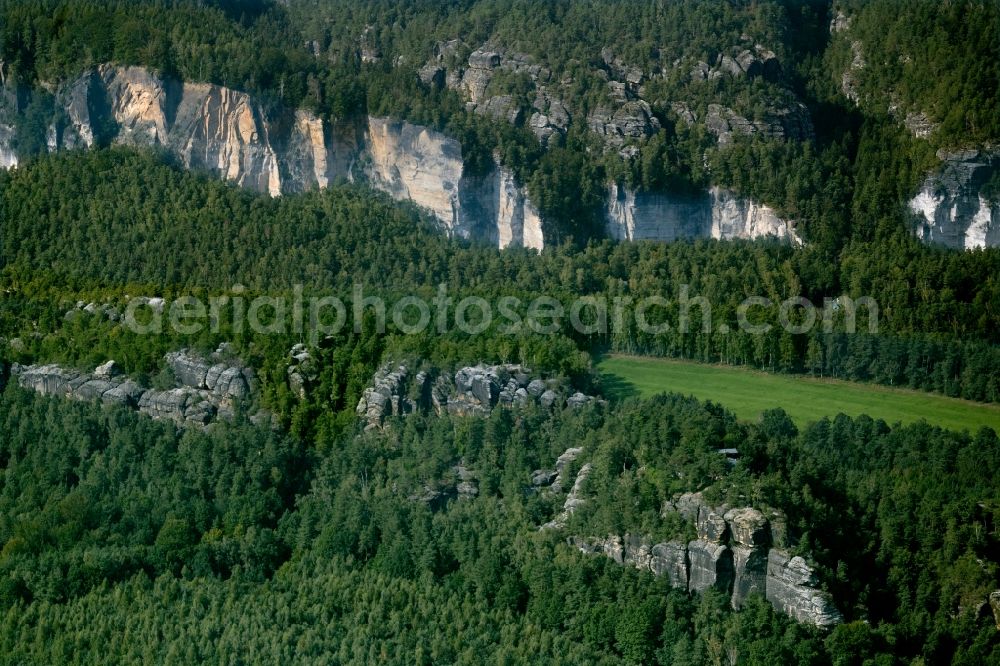 Rathen from the bird's eye view: Rock and mountain landscape of Elbsandsteingebirges in Rathen in the state Saxony, Germany