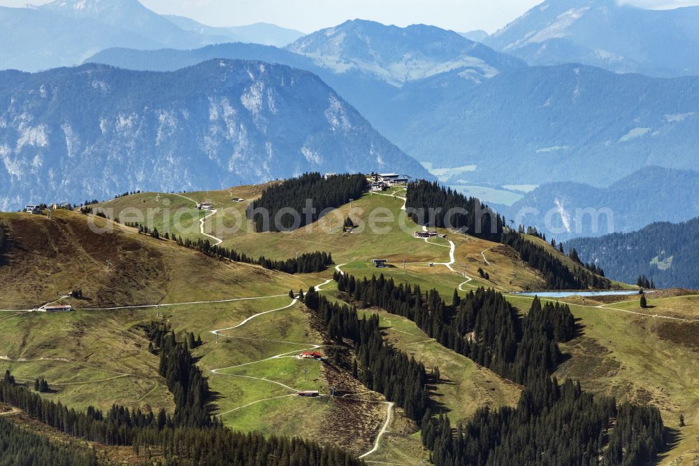 Aerial photograph Ellmau - Rock and mountain landscape EllmiA?s Zauberwel, Bergstation Bergbahnen Wilder Kaiser and Speichersee in Ellmau in Tirol, Austria