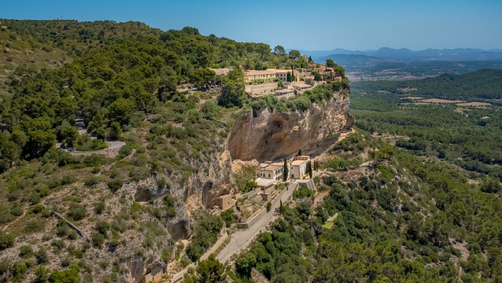Aerial image Algaida - Rock and mountain landscape Ermita de Sant Honorat and Santuari de Gracia in Algaida in Balearic island of Mallorca, Spain