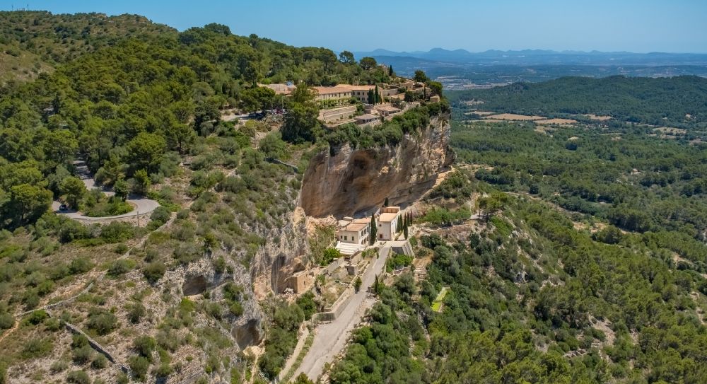 Algaida from above - Rock and mountain landscape Ermita de Sant Honorat and Santuari de Gracia in Algaida in Balearic island of Mallorca, Spain