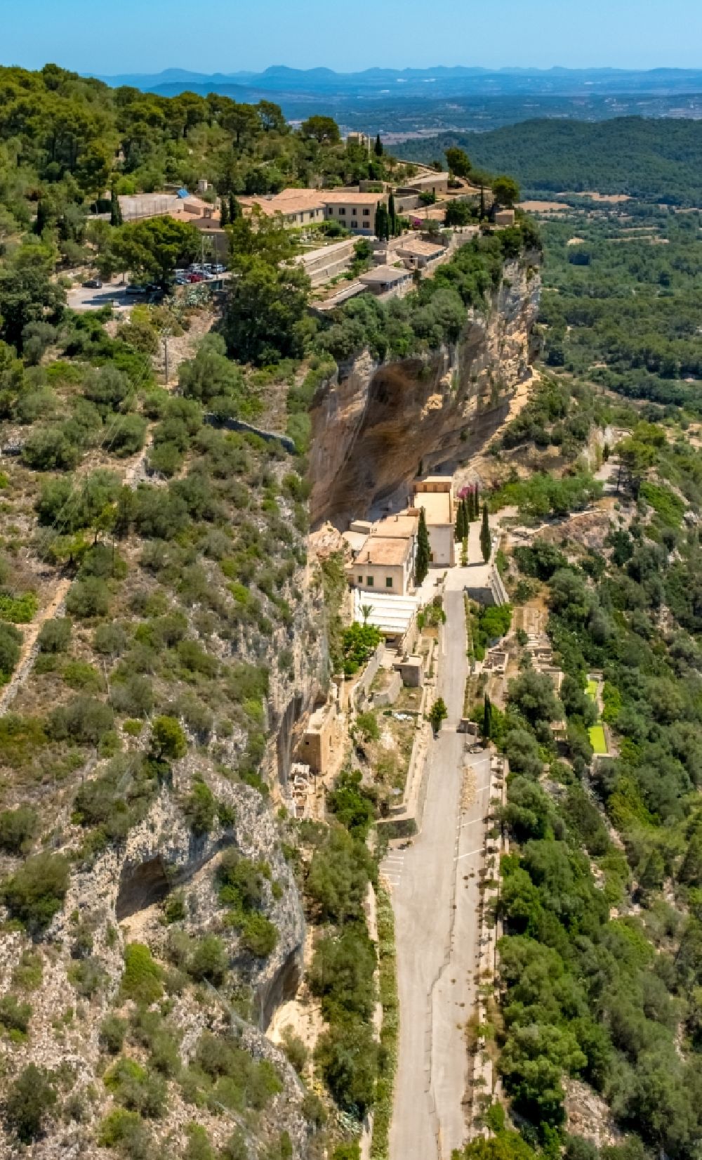 Algaida from the bird's eye view: Rock and mountain landscape Ermita de Sant Honorat and Santuari de Gracia in Algaida in Balearic island of Mallorca, Spain