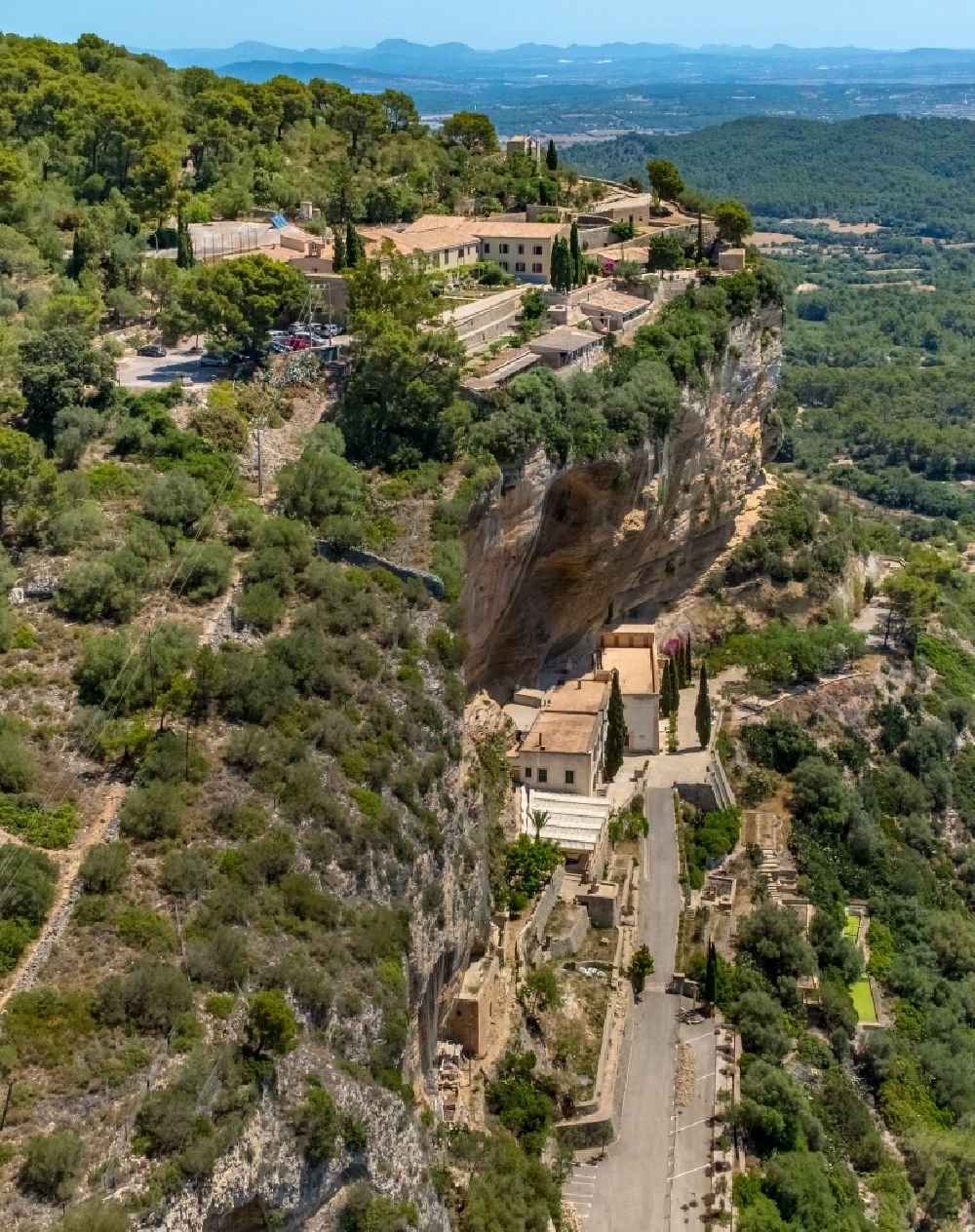 Aerial image Algaida - Rock and mountain landscape Ermita de Sant Honorat and Santuari de Gracia in Algaida in Balearic island of Mallorca, Spain