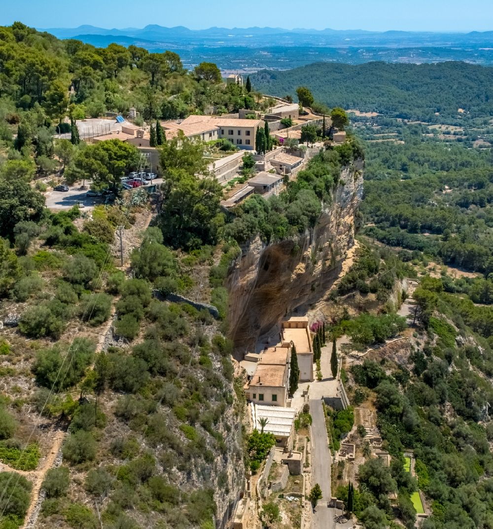 Aerial photograph Algaida - Rock and mountain landscape Ermita de Sant Honorat and Santuari de Gracia in Algaida in Balearic island of Mallorca, Spain