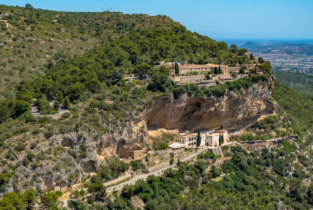Algaida from the bird's eye view: Rock and mountain landscape Ermita de Sant Honorat and Santuari de Gracia in Algaida in Balearic island of Mallorca, Spain