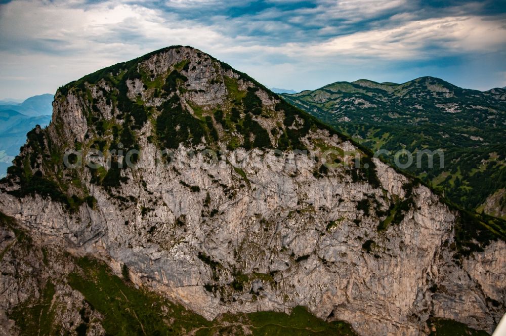 Aerial image Eisenerz - Rock and mountain landscape of Freimauer with Freimauerhoehle in Eisenerz in Steiermark, Austria